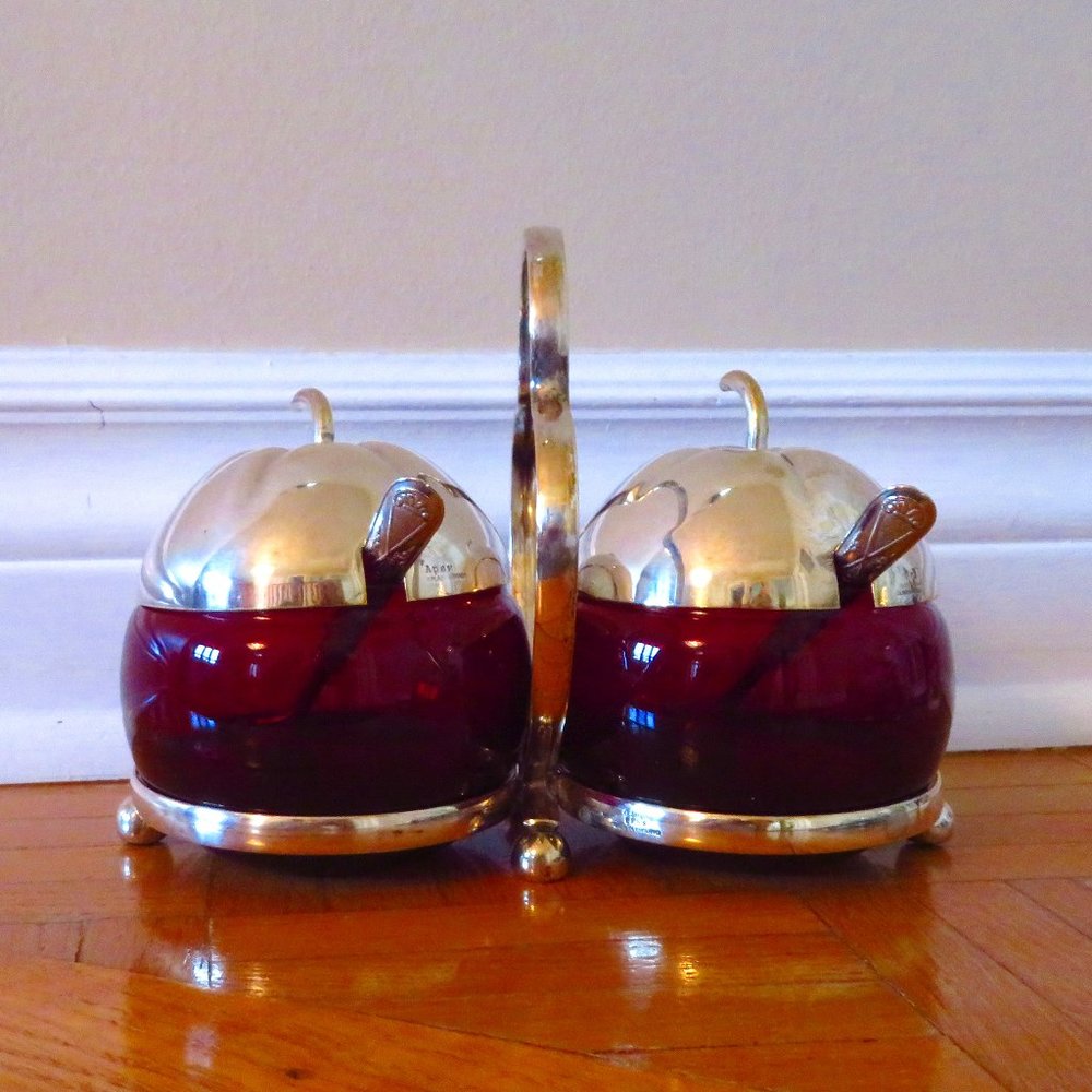 Vintage APEX silver plated container with red glass. Made in England 1950 apple
